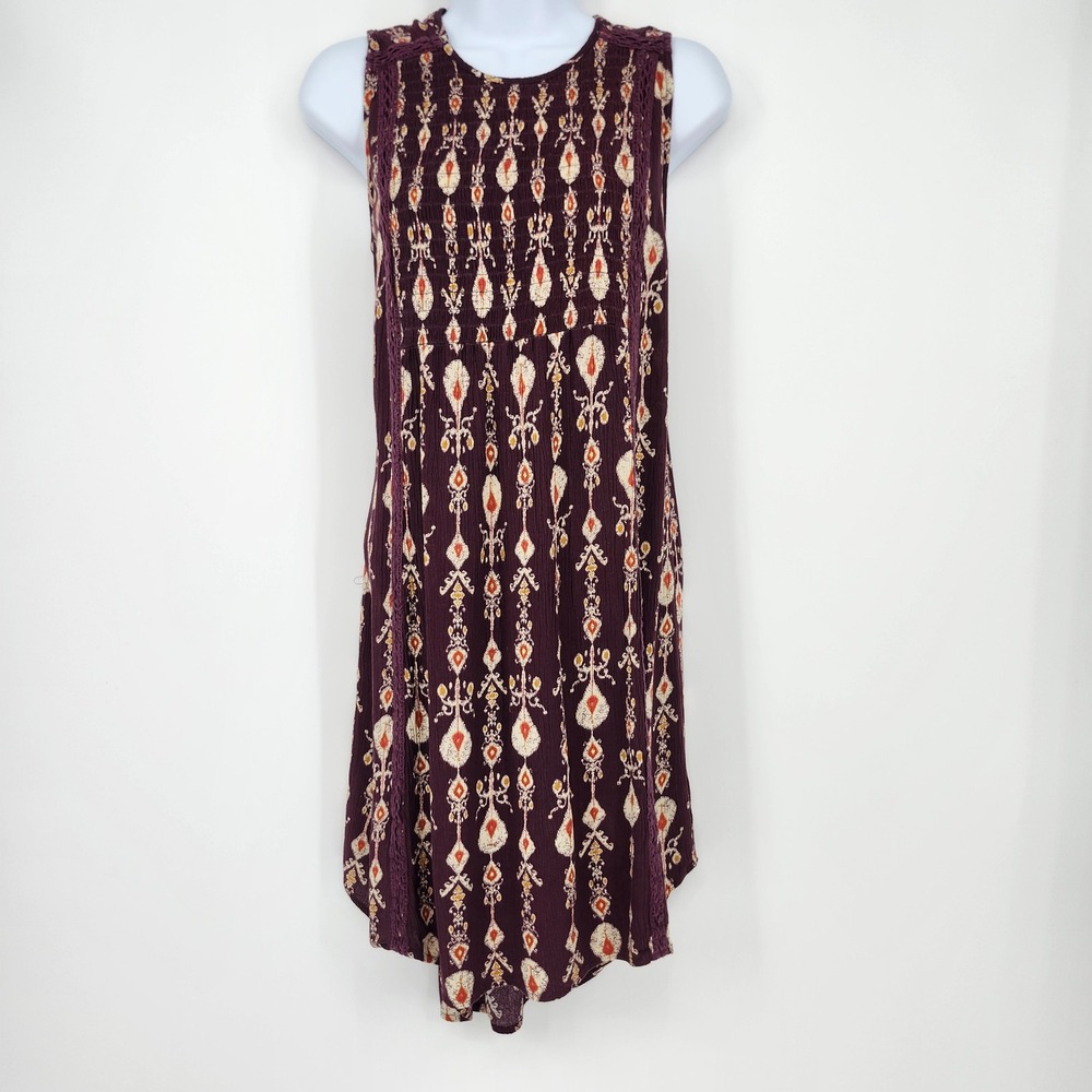 Knox Rose Earthy Indie Boho Ikat Dress Size S Purple Smocked Crochet Lace - Picture 1 of 6